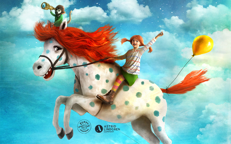 Illustrerad affisch bild till Teater Västernorrlands uppsättning av Astrid Lindgrens Pippi Långstrump.